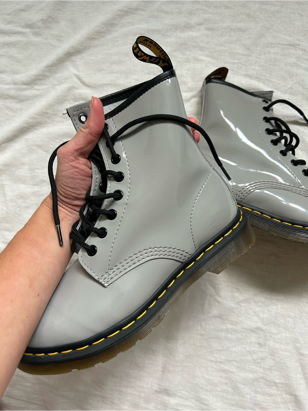 Dr. Martens Women's Glossy Light Gray Lace-Up Combat Boots - Picture 2 of 6
